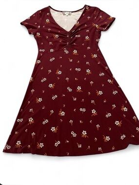 Women's Burgundy Floral V-Neck Mini Dress with Short Sleeves